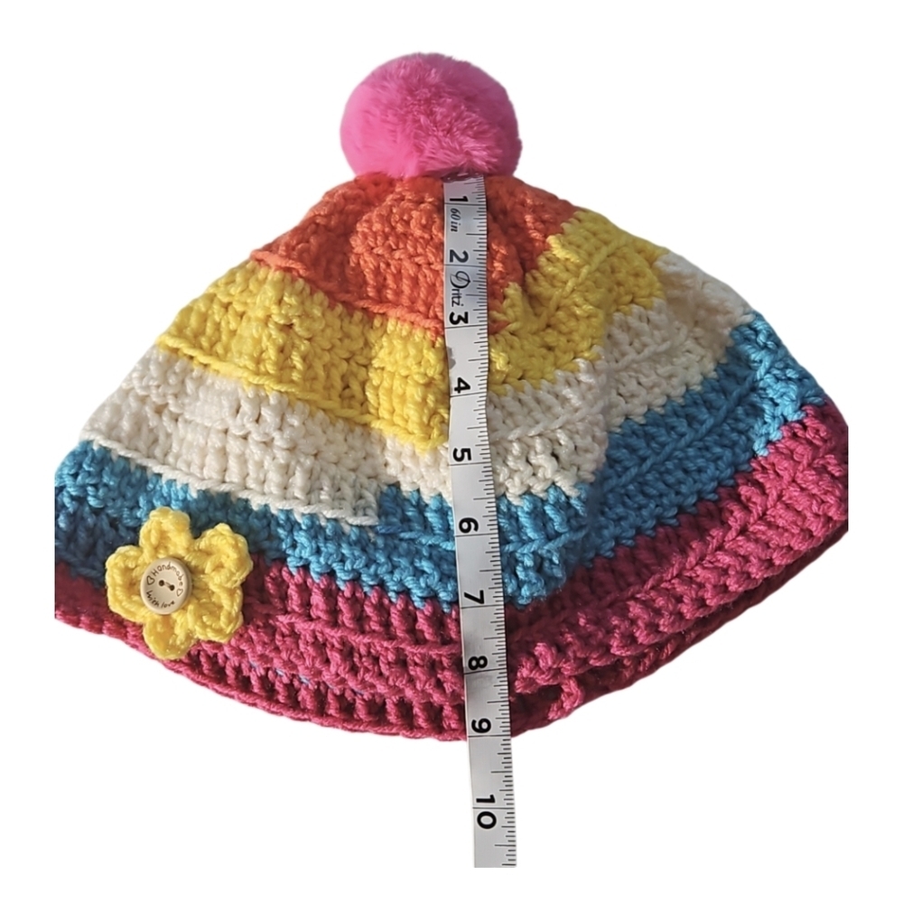 Hand Crafted Crochet Beanie Oversized Multicolored Pink pompom winter hat unique - Picture 16 of 17